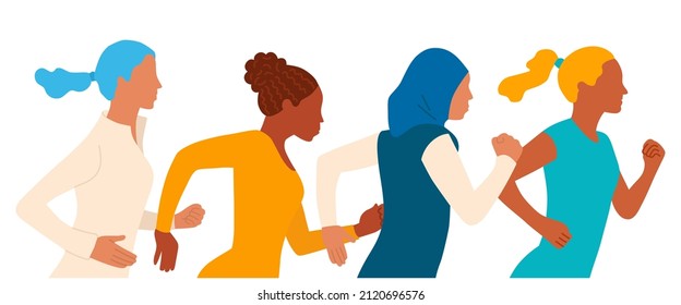 Women Of Different Nationalities And Cultures Together. The Concept Of The Female's Empowerment Movement. Color Vector Illustration.