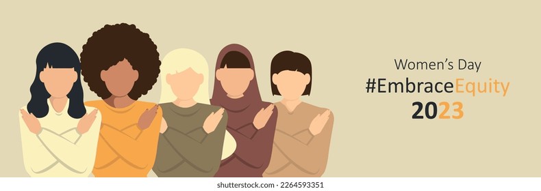 Women of different nationalities embrace themselves together. The #EmbraceEquity vector..
