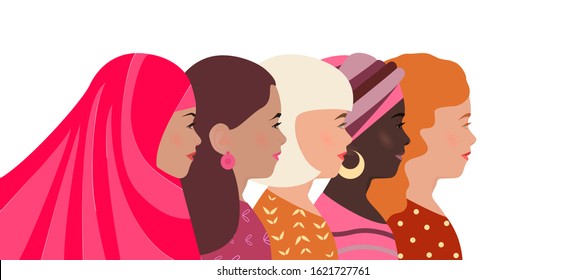 Women Of Different Nationalities, Faith And Skin Color Together. Greeting Card, Banner International Women's Day. Struggle For Womens Rights And Equality. Template Poster, Flyer. Diverse Pretty Girls