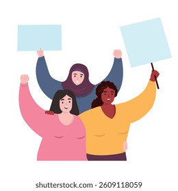 Women of different nationalities fight for their rights, actively act together, support each other. Vector flat graphics.