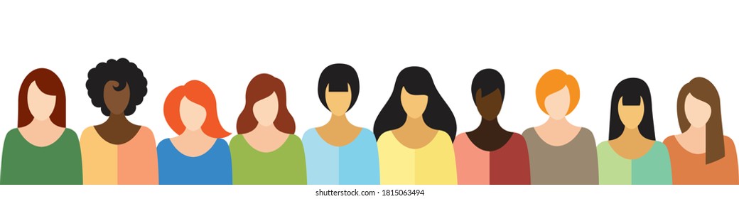 women of different nationalities, hair and skin colors stand in the same row, shoulder to shoulder. horizontal format, space for text, conditional flat drawing, local color spots. stock vector