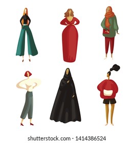 Women of different nationalities. Islamic woman. Fashionable woman. Woman in beautiful red dress