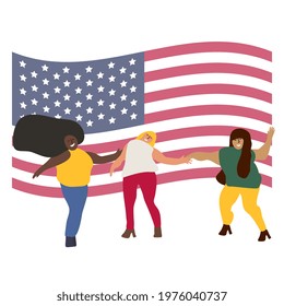 Women of different nationalities:   Latin, African-American, European-against the background of the American flag. Women's month. Equality of floors. Feminism. Memorial Day. July 4.