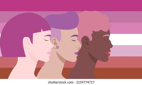 Women of different nationalities on the background of a lesbian flag. Girls go ahead. Love is love. Sisterhood, solidarity, support. Feminism. LGBTQ+ community, pride Month. Flat illustration