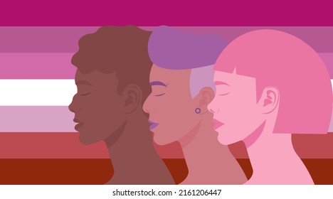 Frauen verschiedener Nationalitäten auf lesbischer Flagge. Mädchen gehen voraus. Liebe ist Liebe. Schwesternschaft, Solidarität, Unterstützung. Feminismus. LGBTQ+ Community, Stolz Monat. Flache Illustration