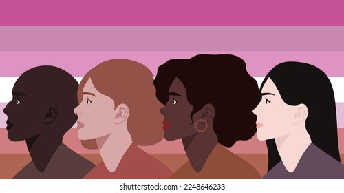 Women of different nationalities on the background of a lesbian flag. Lesbian Visibility Day. Flat vector illustration