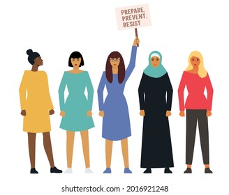 Women of different nationalities are outraged, dissatisfied and hold a poster. A protest action. Girls are fighting for equality. Vector illustration in a flat style