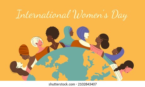 Women of different nationalities and planet earth. International Women's Day. Vector stock illustration. 