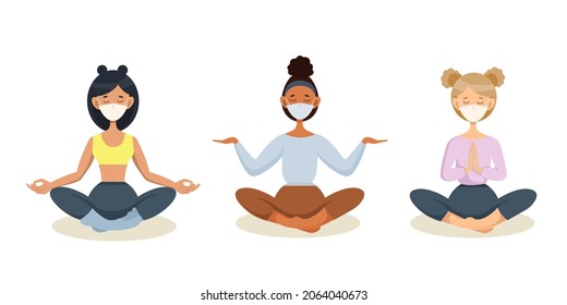 Women of different nationalities practice yoga. Characters in medical masks. Vector illustration in cartoon style isolated on a white background