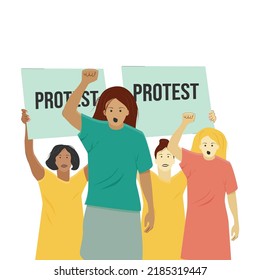 women of different nationalities protest defend their rights demonstration rally emotions poster