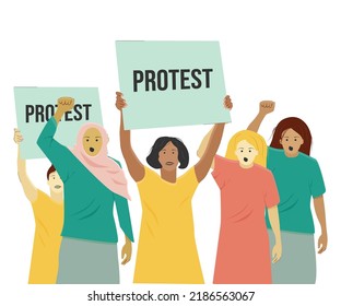 women of different nationalities are protesting against the new rules with their hands raised up and clenched into a fist holding a poster emotions