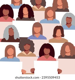 women of different nationalities are protesting against the new rules with their hands raised up and clenched into a fist holding a poster emotions