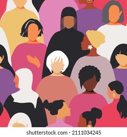 Women of different nationalities and religions, ethnicity. Seamless pattern for International Women's Day. The concept of uniting in the struggle for equal rights of women. Vector.