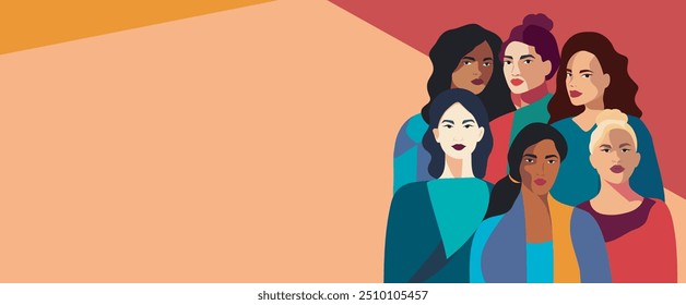 Women of different nationalities and religions stand together. Vector postcard with space for text with International Women's Day. Movements for gender equality and women's empowerment for advertising