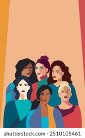 Women of different nationalities and religions stand together. Vector vertical banner with space for text with International Women's Day. Movements for gender equality and women's empowerment