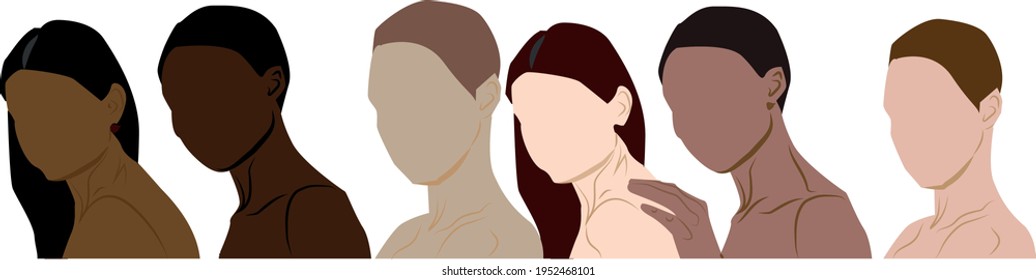 Women of different nationalities side view flat cartoon portraits. Vector multiculturalism, multiracial, feminism concept. Diverse of people, European, Arabian and afro American girls, skin colors