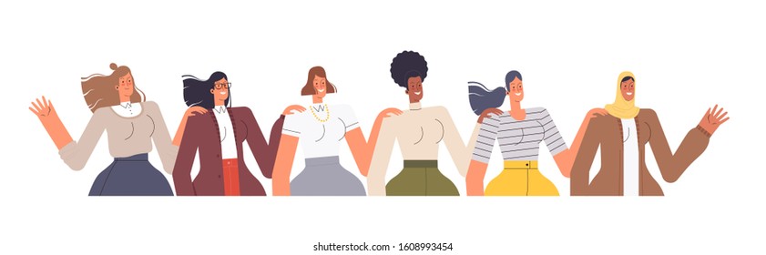 Women of different nationalities stand in a row and put their hand on each other's shoulder.