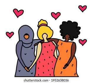 Women of different nationalities together. Friendship of Peoples. Cartoon. Vector illustration.