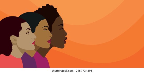 Women of different nationalities together. Head and shoulders, side view. Female portraits on an orange background. Ethnic diversity, beauty and women's solidarity.