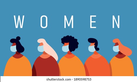Women of different nationalities. Union of feminists or sisterhood. Flat vector illustration.