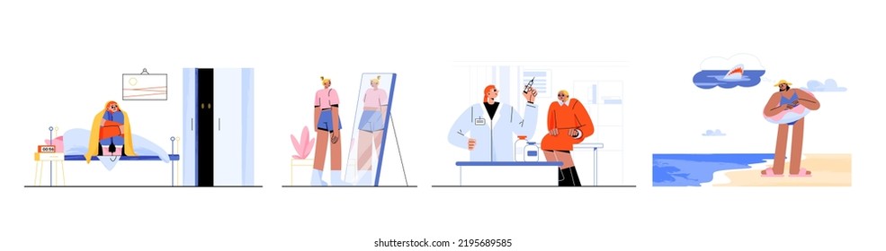 Women with different phobias, mental disorder or psychological problems. Characters fear of needle, darkness at night, sharks in sea and reflection in mirror, vector flat illustration