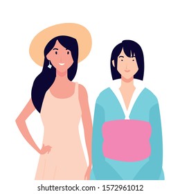 women with different poses on white background vector illustration design