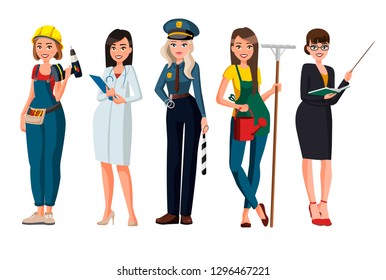 Women different profession character vector design .Cartoon realistic people illustration. Flat young woman. Woman worker. Builder, doctor, nurse, police, cop, officer, policewoman, gardener, teacher
