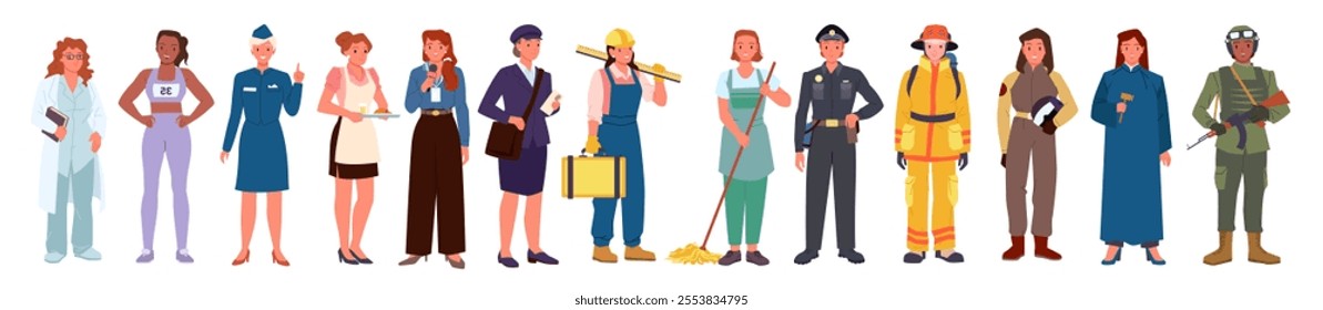 Women of different professions and career set. Young female characters with various professional occupation, front portraits of happy smiling girls workers in uniform cartoon vector illustration