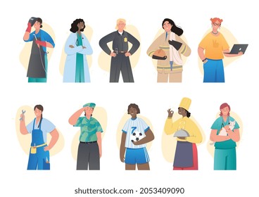 Women of different professions. Collection of female characters policeman, doctor, cook, firefighter and veterinarian. Gender equality. Cartoon flat vector collection isolated on white background