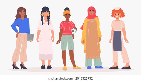 Women of different professions. Internationsl, multicultures. Group of people, girlfriends. Equal rights, feminism, career, work. Cartoon flat vector illustration isolated on white background