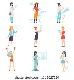 Women of Different Professions Set, Achievements of Young Women in Field of Science, Sport, Business, Medicine Vector Illustration