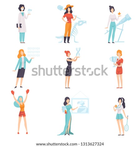 Women of Different Professions Set, Achievements of Young Women in Field of Science, Sport, Business, Medicine Vector Illustration