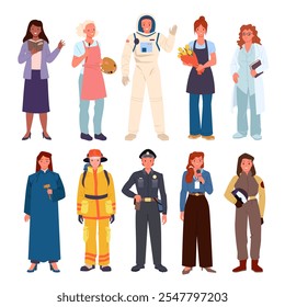 Mulheres de diferentes profissões definido. Trabalhadoras diversificadas em uniforme profissional, várias meninas fortes e confiantes com carreira como empresária e professora, ilustração de vetor de desenhos animados de astronauta