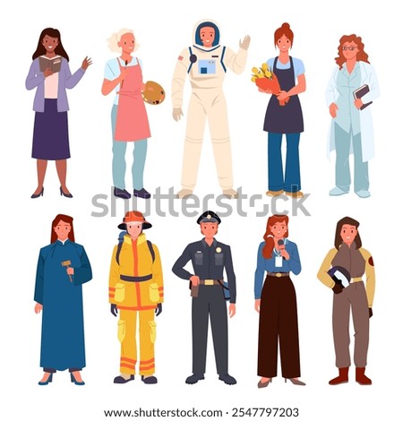 Women of different professions set. Diverse female workers in professional uniform, various strong and confident girls with career as businesswoman and teacher, astronaut cartoon vector illustration
