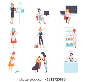 Women of Different Professions Set, Doctor, Architect, Chef Cook, Housemaid, Construction Worker, Waitress, Teacher, Hairdresser, Scientist, Vector Illustration