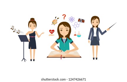 Frauen verschiedener Berufe, Set, Sängerin, Wissenschaftlerin, Vektorgrafik von Lehrern auf weißem Hintergrund