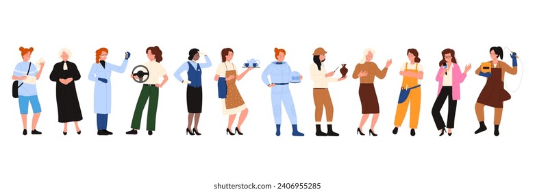 Women of different professions set vector illustration. Cartoon isolated many girls in professional clothes standing, woman judge and scientist, driver and flight attendant, astronaut and ceramist