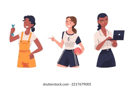 Las mujeres de diferentes profesiones. Mujer trabajando como cerrajera, voleybolista, programador caricaturista ilustración vectorial