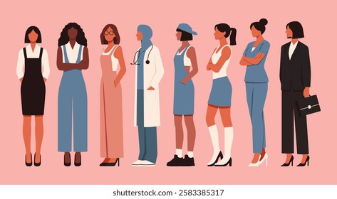 Women with different professions standing together, flat vector illustration design