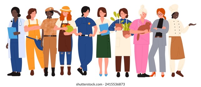 Women of different professions together vector illustration. Cartoon isolated many girls in professional clothes standing, woman judge and scientist, driver and flight attendant astronaut and ceramist