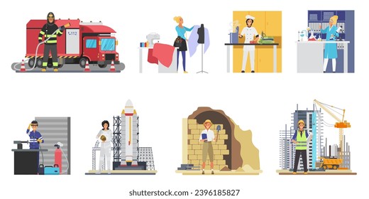 Women of different professions at workplace set vector illustration. Cartoon isolated scenes of female astronaut with rocket and tailor sewing, builder and welder in uniform at construction site