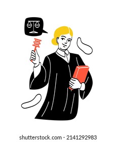 Women of different professions. Young girl in black robe with book. Judge with code of law and gavel, justice and jurisprudence. Responsible character closes case. Cartoon flat vector illustration