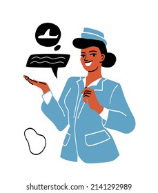Women of different professions. Young girl in uniform, stewardess invites clients to fly on vacation. Character interrogates passengers, comfortable service. Cartoon flat vector illustration