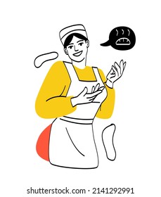 Women of different professions. Young girl in hat and apron. Cook in pastry shop, sweets, muffins and cakes. Saleswoman offers goods, character loves to cook. Cartoon flat vector illustration