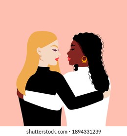 Women of different race embrace each other. Girl power. International women's day. Flat vector design.