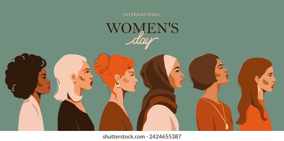 Women of different race look at side, profile face, vector illustration. Modern feminine concept background for international womens day, month, 8 march. Female empowerment movement, equality, unity.