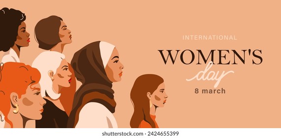 Women of different race look at side, profile face, vector illustration. Modern feminine concept background for international womens day, month, 8 march. Text celebrate greeting. Copy space.