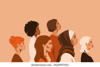 Las mujeres de la raza diferente miran al lado, cara del perfil, ilustración vectorial. Fondo de concepto femenino moderno para el día internacional de la mujer, mes, 8 de marzo. Movimiento de empoderamiento femenino, igualdad, unidad.