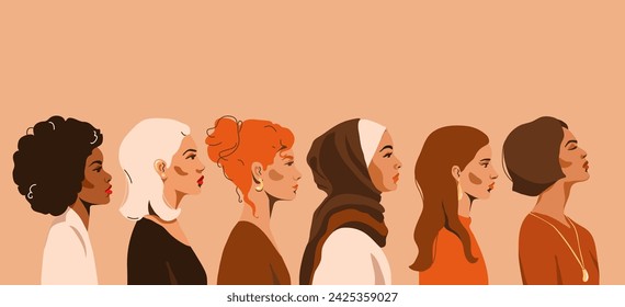 Las mujeres de la raza diferente miran al lado, cara del perfil, ilustración vectorial. Fondo de concepto femenino moderno para el día internacional de la mujer, mes, 8 de marzo. Movimiento de empoderamiento femenino, igualdad, unidad.