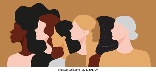 Women of different races and age standing together. Profile silhouettes of female characters with various skin colors and hair styles. Minimal flat style illustration. Feminism movement concept